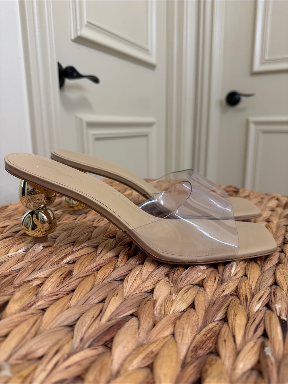 cult gaia Nude PVC Slide Sandals with Gold Sculpted Heel like new